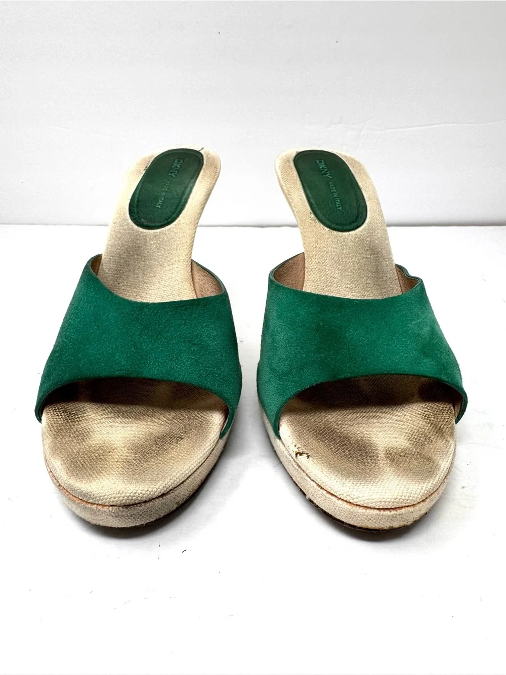 DKNY green suede peep toe wedges, made in Italy, size 8.5